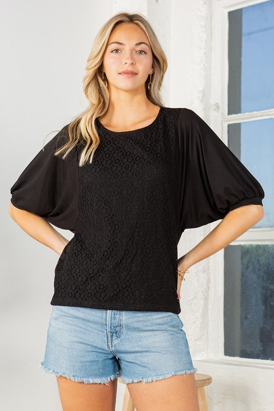 Lace Overlay Puff Sleeve Blouse Top