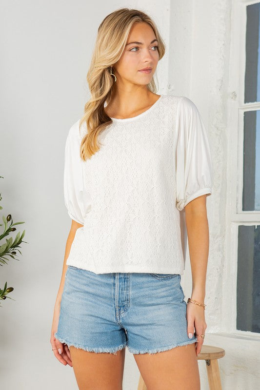 Lace Overlay Puff Sleeve Blouse Top