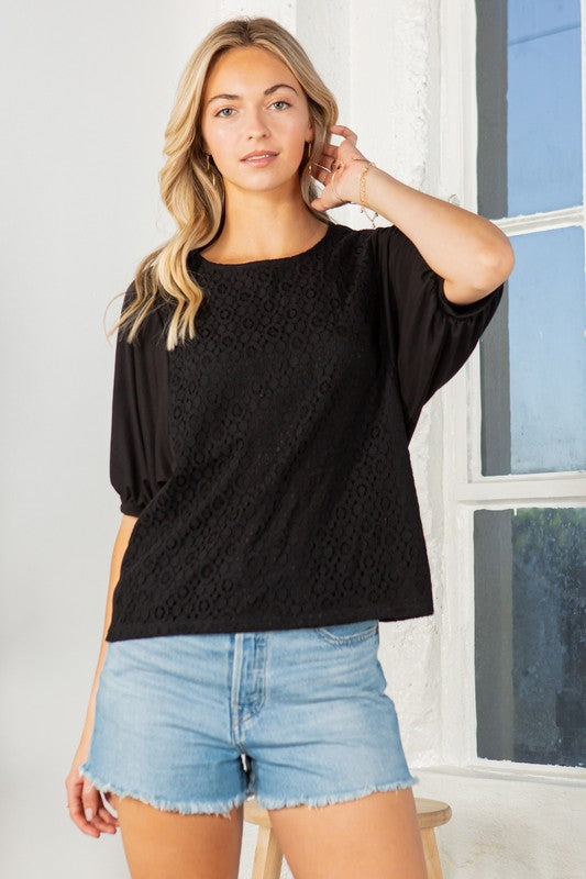 Lace Overlay Puff Sleeve Blouse Top