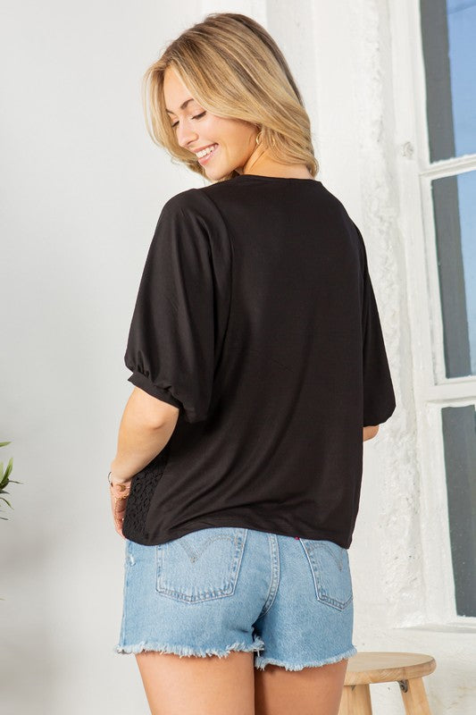 Lace Overlay Puff Sleeve Blouse Top