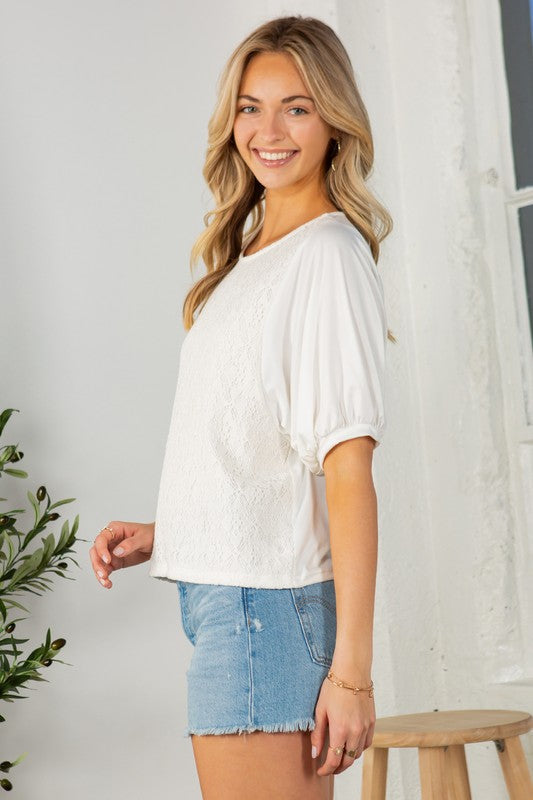 Lace Overlay Puff Sleeve Blouse Top
