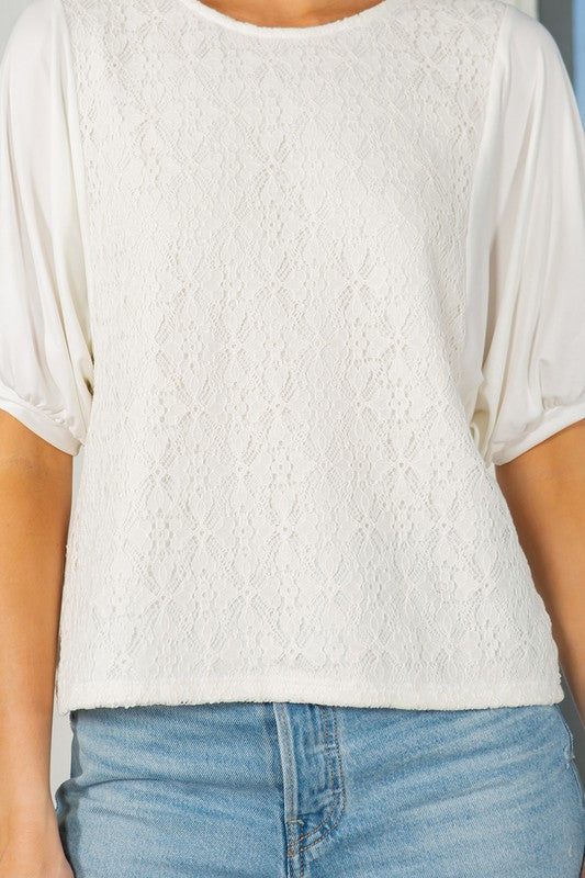 Lace Overlay Puff Sleeve Blouse Top