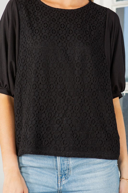 Lace Overlay Puff Sleeve Blouse Top