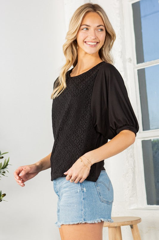 Lace Overlay Puff Sleeve Blouse Top