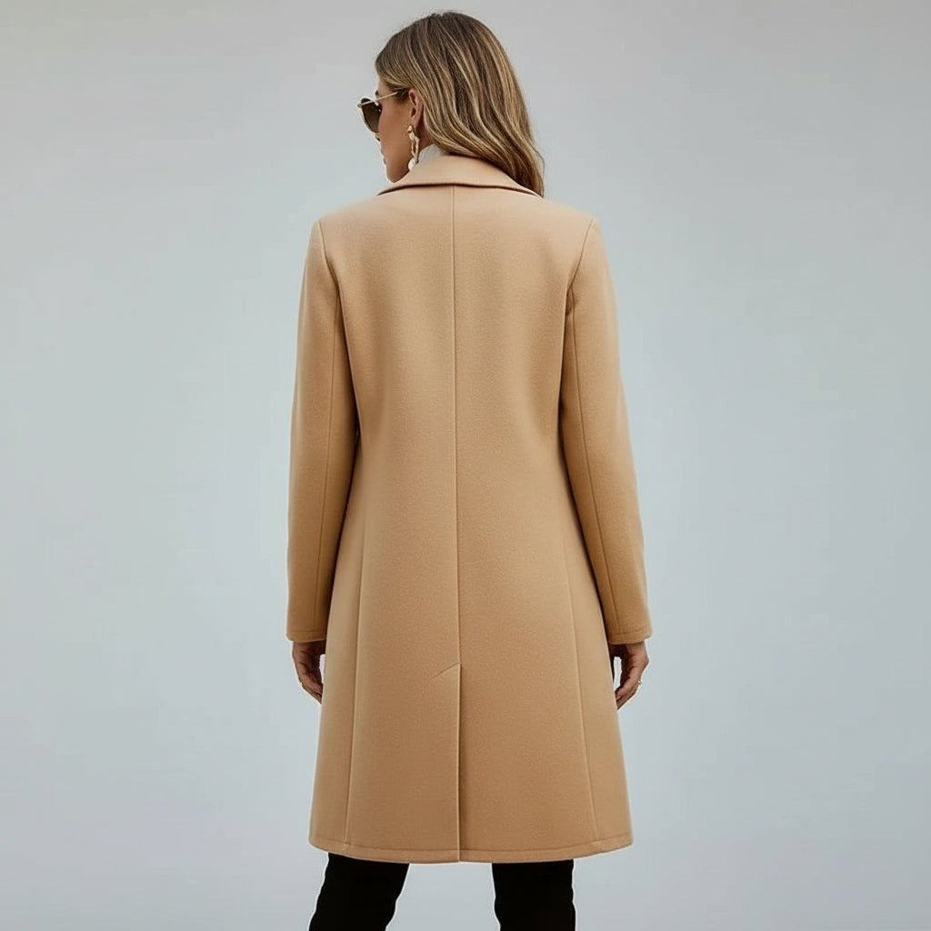 Women's Solid Color Double-Breasted Wool-Like Coat Notch Lapel Long