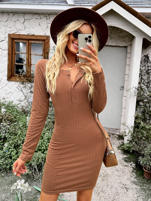 Quarter Snap Long Sleeve Textured Dress