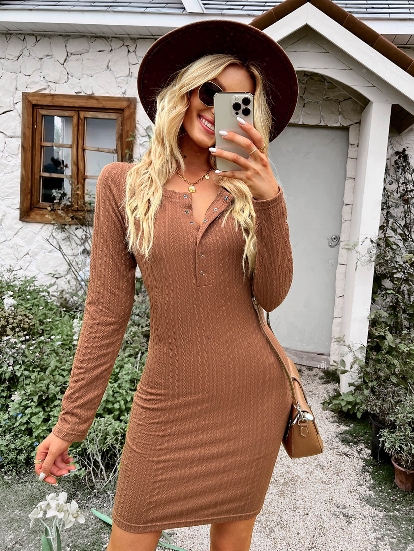 Quarter Snap Long Sleeve Textured Dress