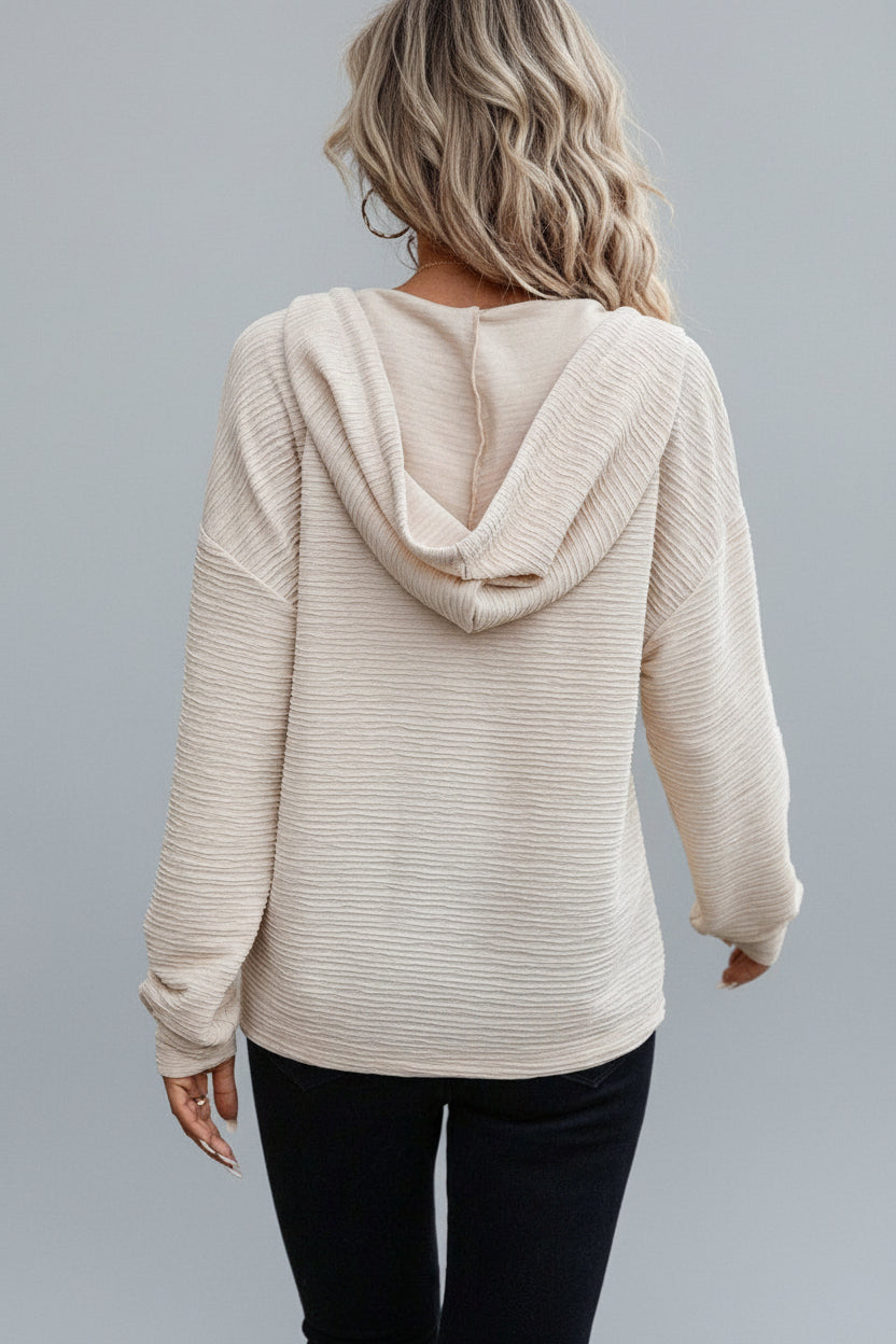 Apricot Textured Henley Drawstring Pullover Hoodie for Women