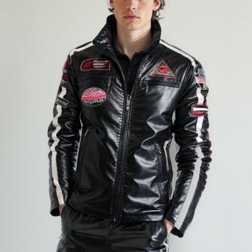 Men's Biker Vegan Leather Jacket With Badges
