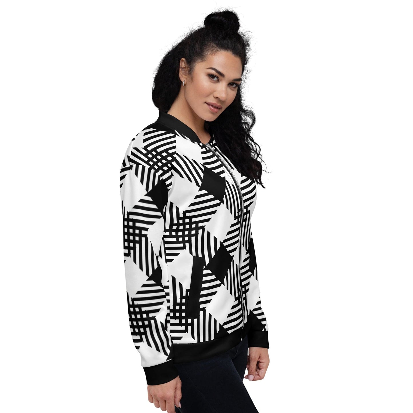 Womens Bomber Jacket, Black and White Plaid Print-3
