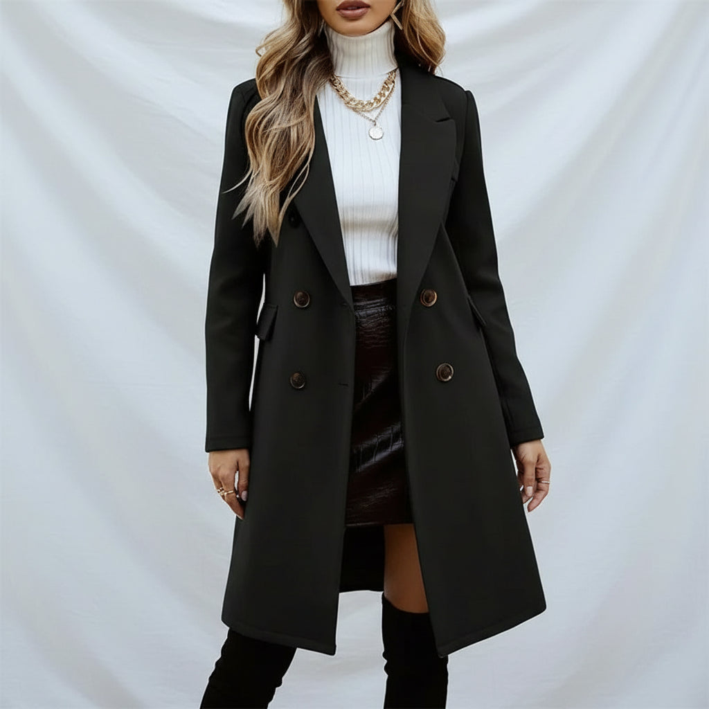 Women's Solid Color Double-Breasted Wool-Like Coat Notch Lapel Long