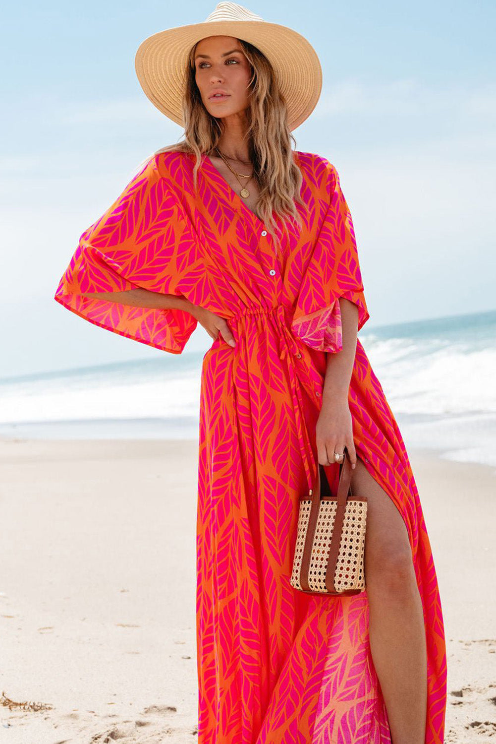 Orange Leafy Print 3/4 Sleeve V Neck Buttoned Split Maxi Dress