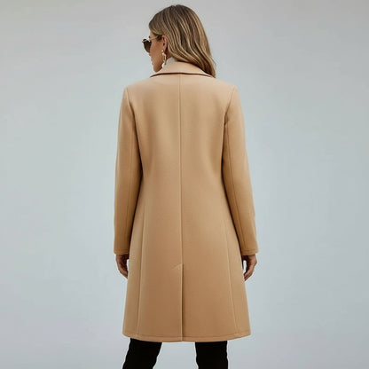 Women's Solid Color Double-Breasted Wool-Like Coat Notch Lapel Long