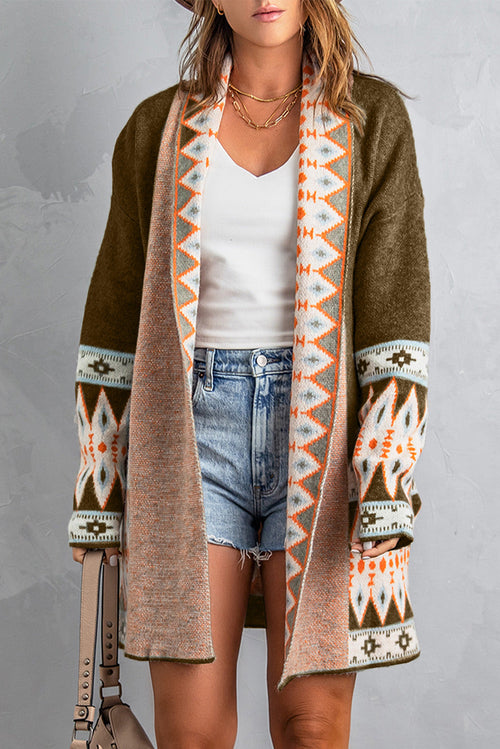 Gray Aztec Print Open Front Knitted Cardigan