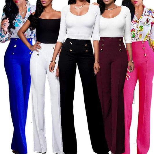 Wide Leg High Waist Women Pants Button Plus Size Flare Casual Pants Office Lady Loose Stretch Palazzo Pants