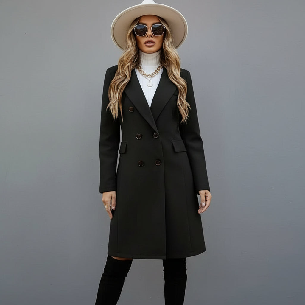 Women's Solid Color Double-Breasted Wool-Like Coat Notch Lapel Long