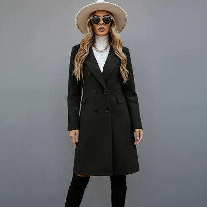 Women's Solid Color Double-Breasted Wool-Like Coat Notch Lapel Long