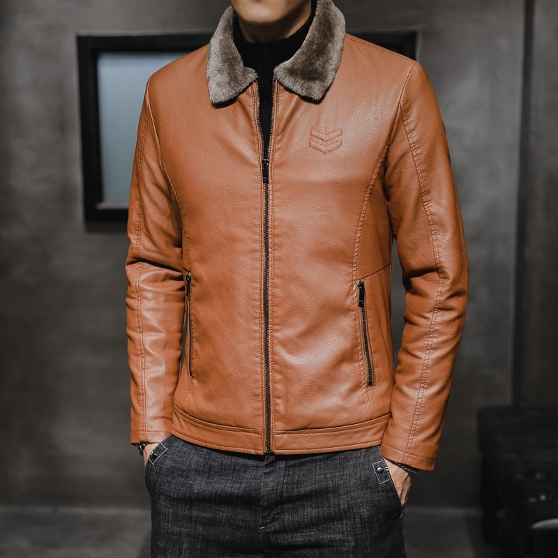 Autumn new men's leather jacket, men's leather jacket, lapel collar, middle-aged and elderly men's clothing, plus plush