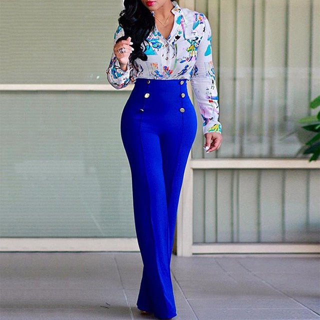 Wide Leg High Waist Women Pants Button Plus Size Flare Casual Pants Office Lady Loose Stretch Palazzo Pants