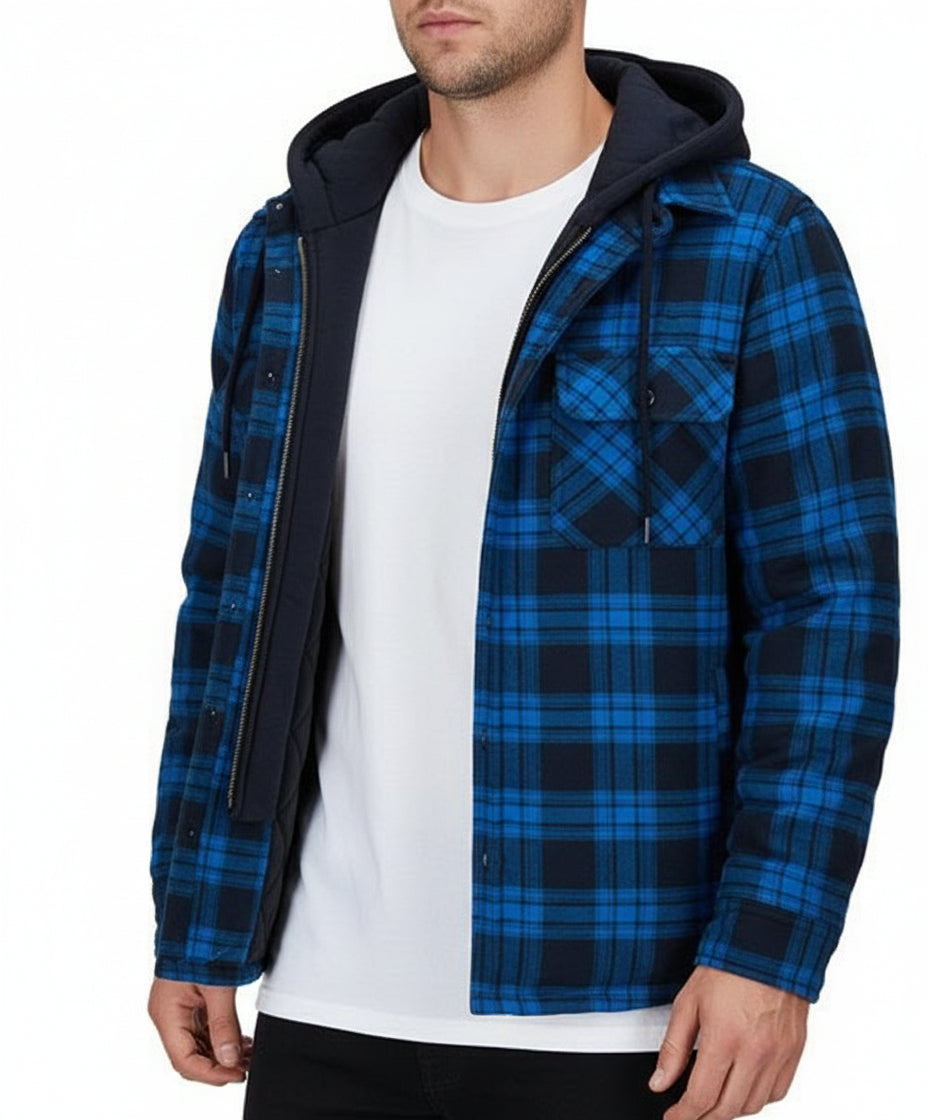 Men's Plaid Hooded Coat Winter Warm Button Zip-up Jacket Fashion