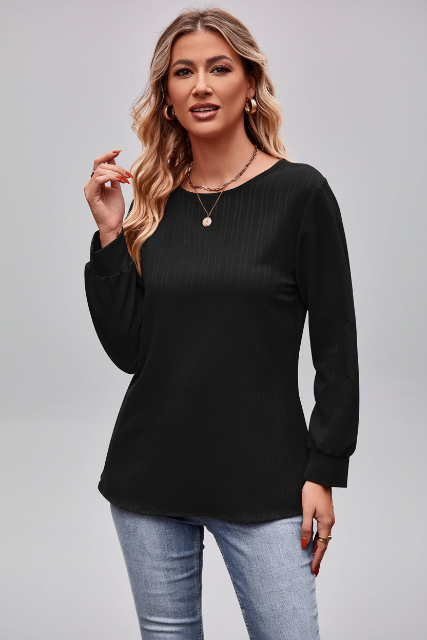 Women’s Round Neck Long Sleeve Tee – Casual Solid Basic Top