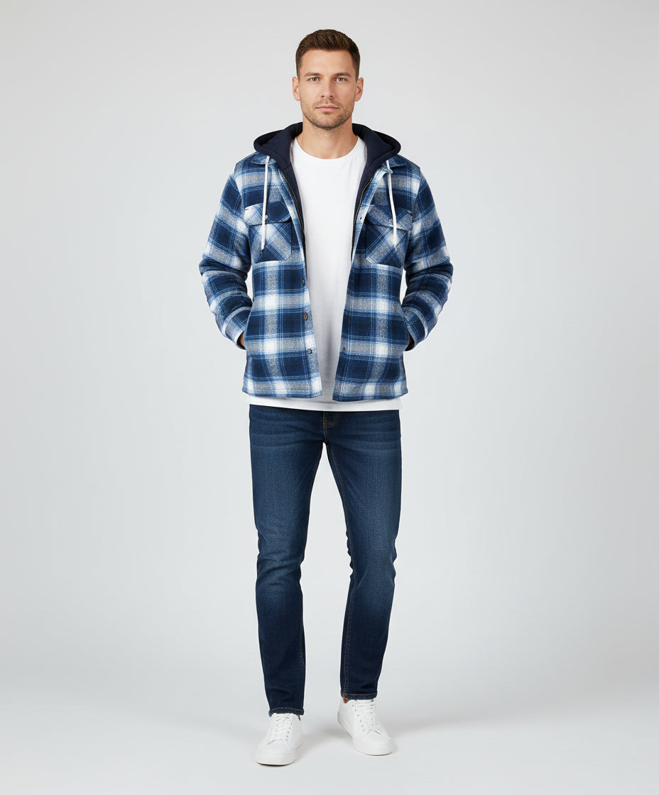 Men's Plaid Hooded Coat Winter Warm Button Zip-up Jacket Fashion