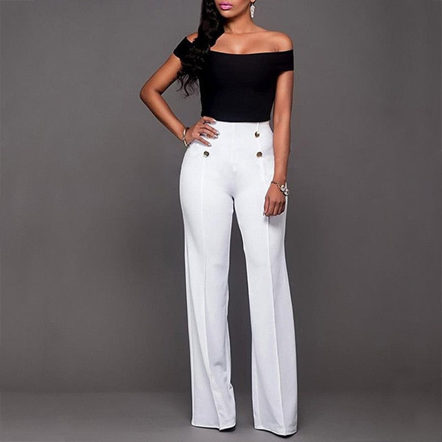 Wide Leg High Waist Women Pants Button Plus Size Flare Casual Pants Office Lady Loose Stretch Palazzo Pants