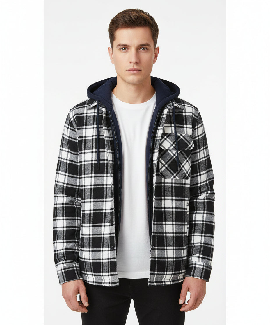Men's Plaid Hooded Coat Winter Warm Button Zip-up Jacket Fashion