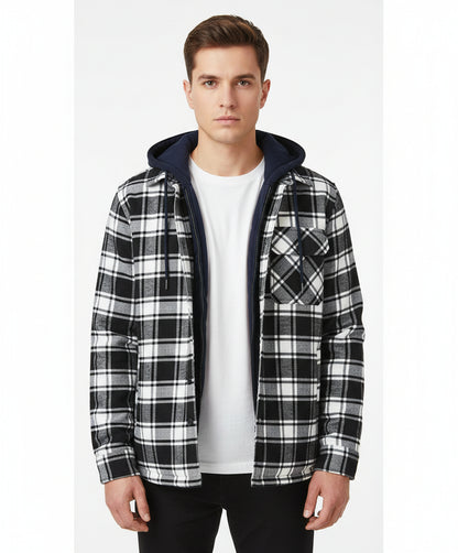 Men's Plaid Hooded Coat Winter Warm Button Zip-up Jacket Fashion