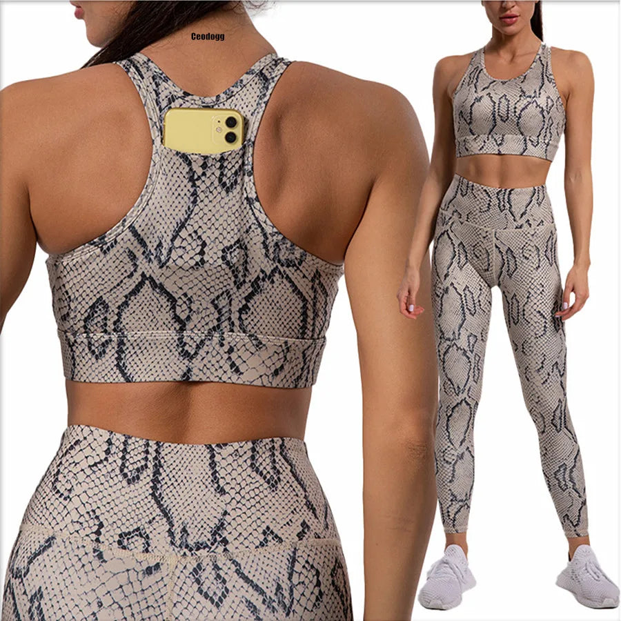 Snake Skin Sport Set Women Gym Outfit Workout Clothes Sportswear Yoga Suit for Fitness Gym Leggings Set Active Wear