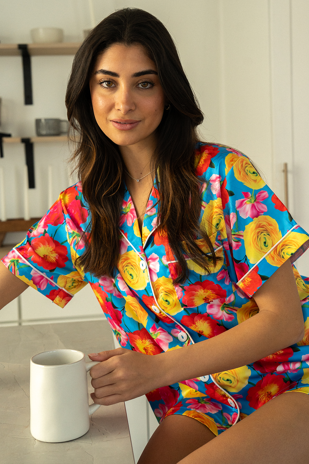 Blue Floral Satin Pajamas-3