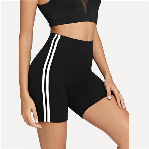 Contrast Striped Side Cycling Shorts Active Wear Women Biker Shorts Athleisure Casual Black Shorts