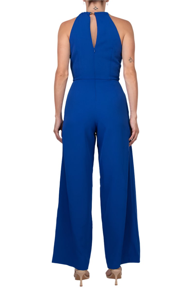 Donna Ricco Halter Chain Neck Keyhole Front Sleeveless Zipper Back Pockets Solid Crepe Jumpsuit-1