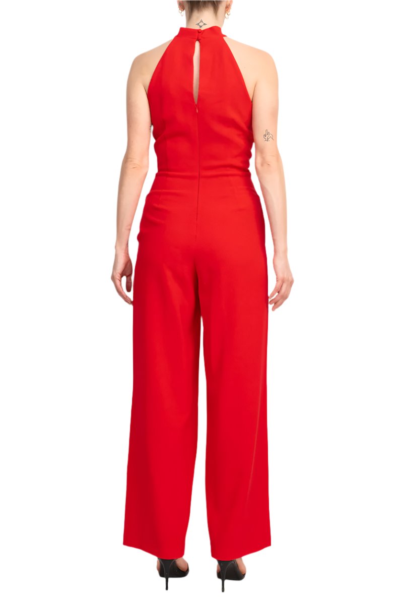 Donna Ricco Halter Chain Neck Keyhole Front Sleeveless Zipper Back Pockets Solid Crepe Jumpsuit-3