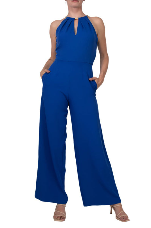 Donna Ricco Halter Chain Neck Keyhole Front Sleeveless Zipper Back Pockets Solid Crepe Jumpsuit-0