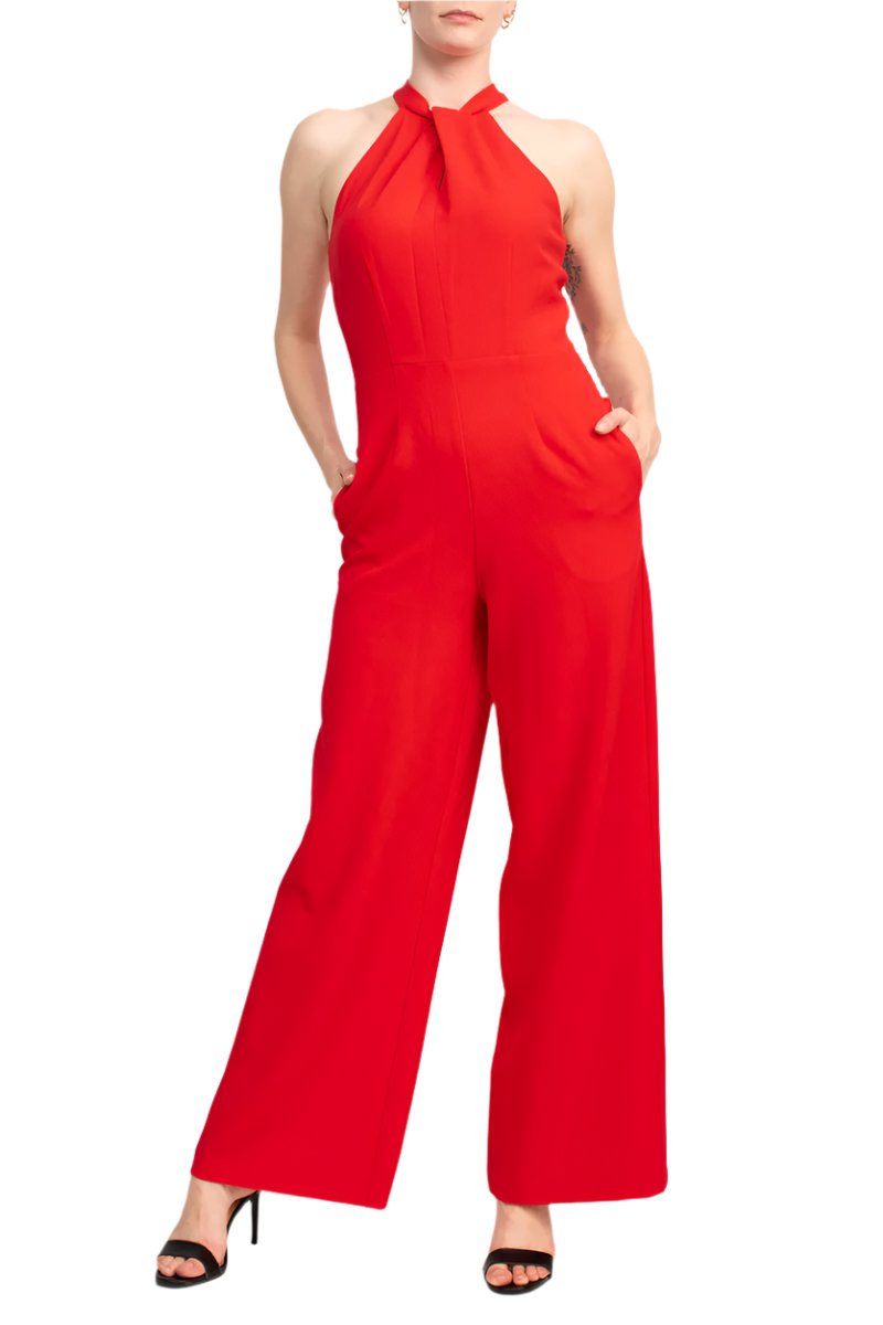 Donna Ricco Halter Chain Neck Keyhole Front Sleeveless Zipper Back Pockets Solid Crepe Jumpsuit-2