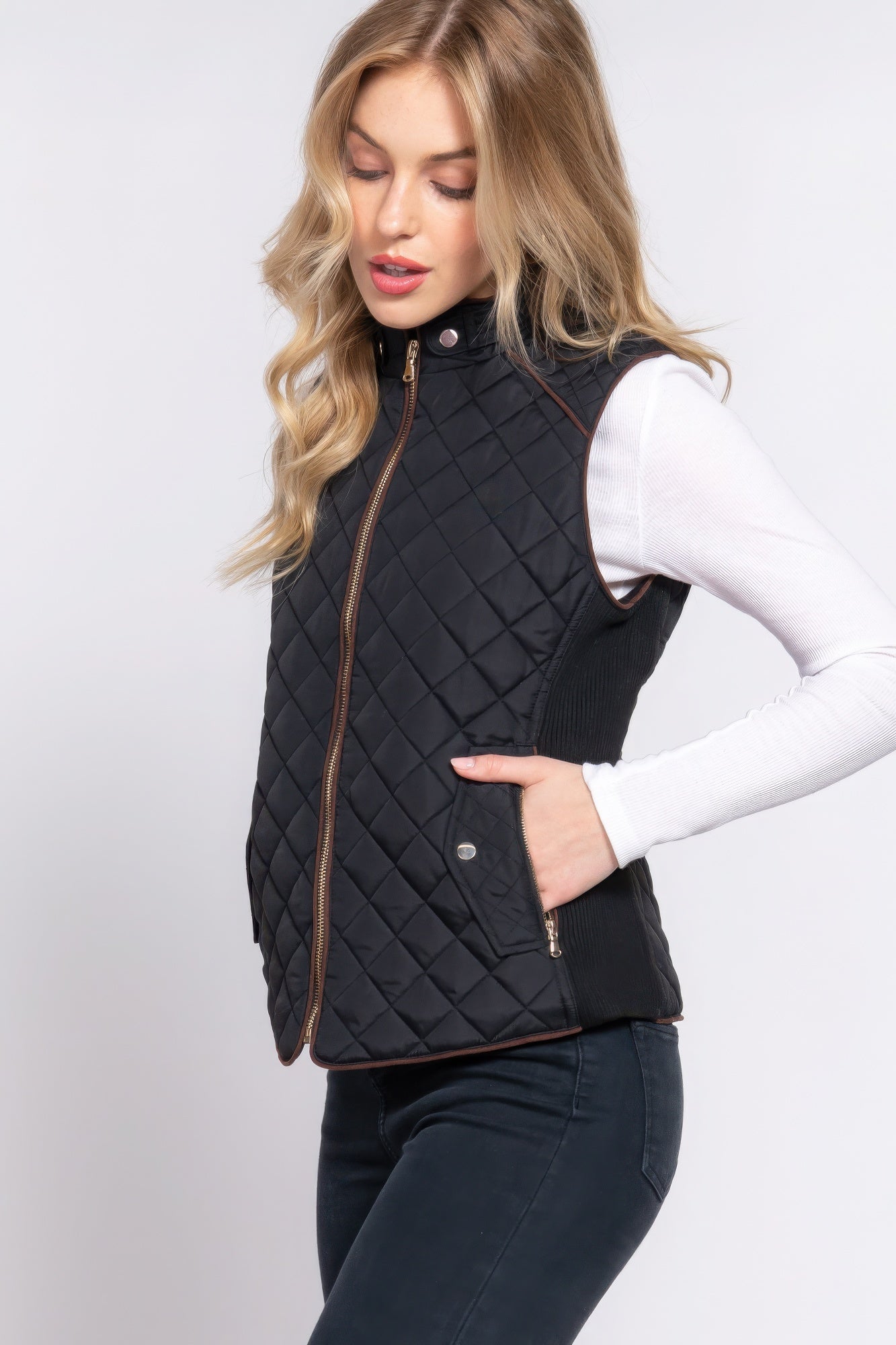Lightweight Warm Suede Piping Quilted Padding Vest