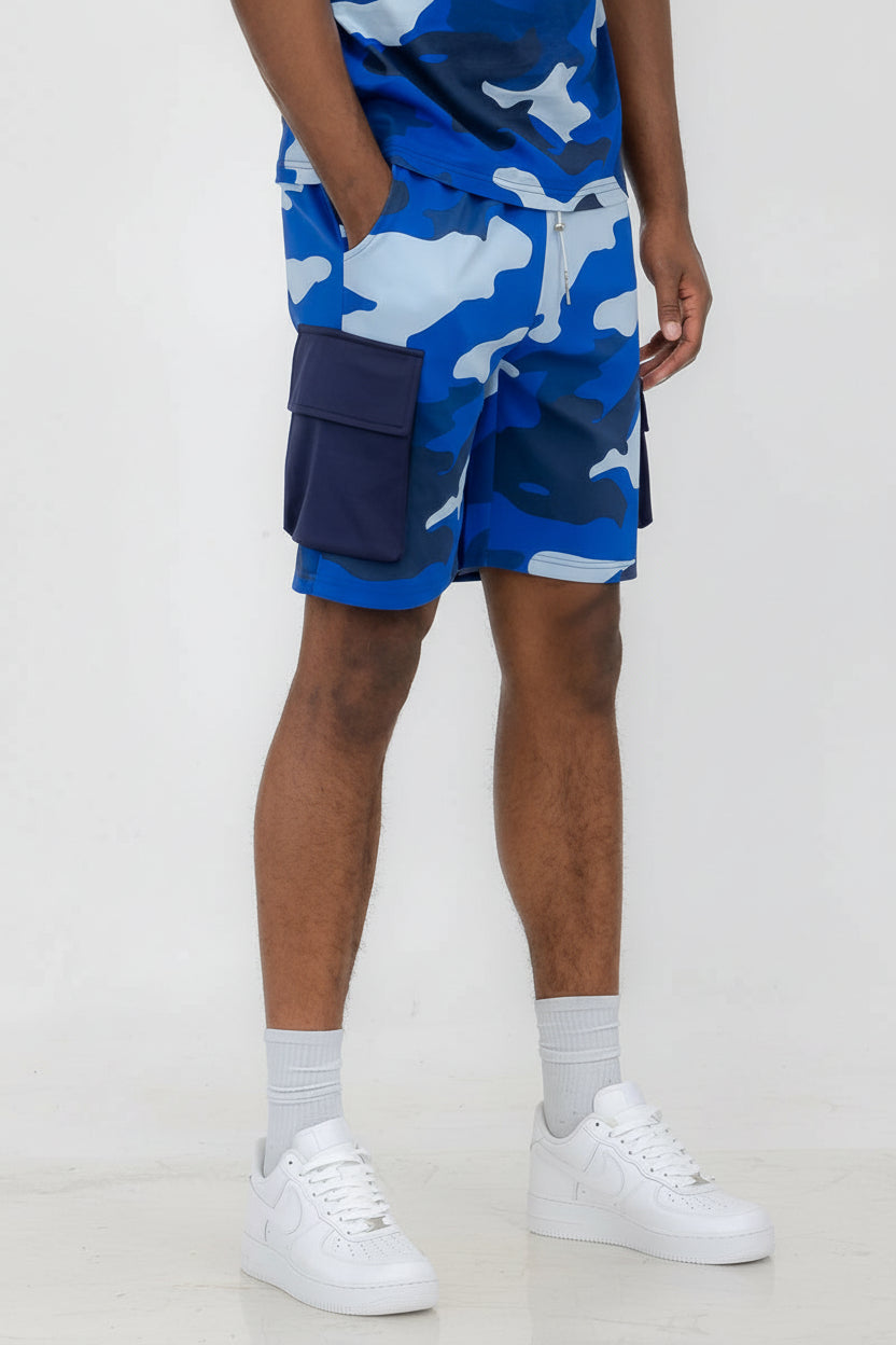 Men's Blue Full Camo Toggle Cargo Shorts1