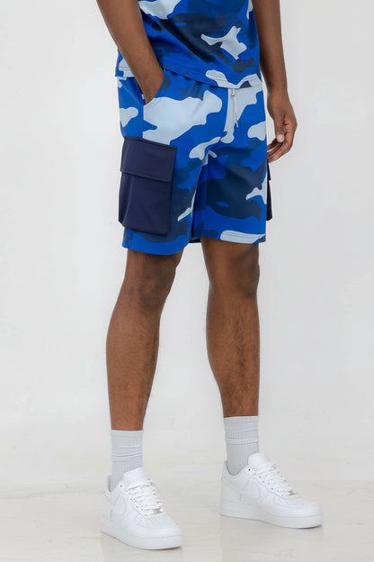 Men's Blue Full Camo Toggle Cargo Shorts1