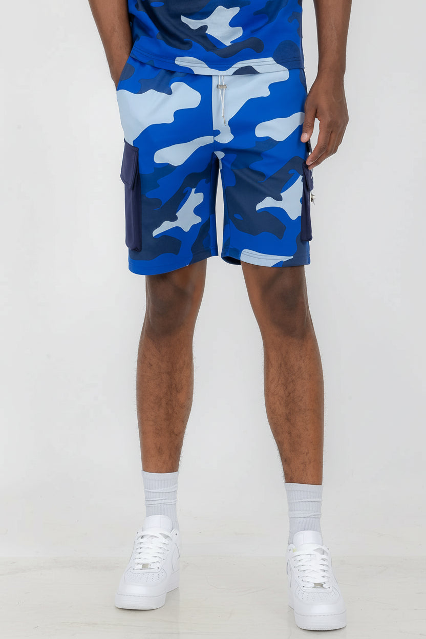 Men's Blue Full Camo Toggle Cargo Shorts1