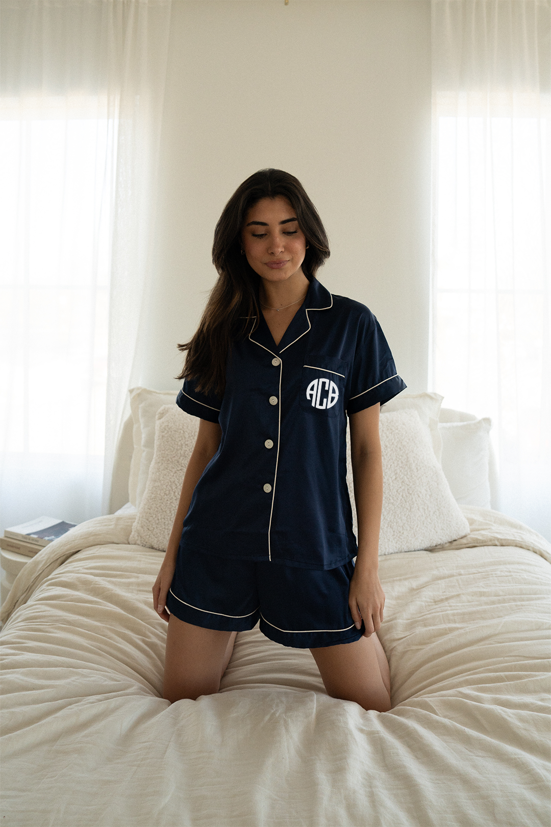 Navy Satin Pajamas Shorts Set-2