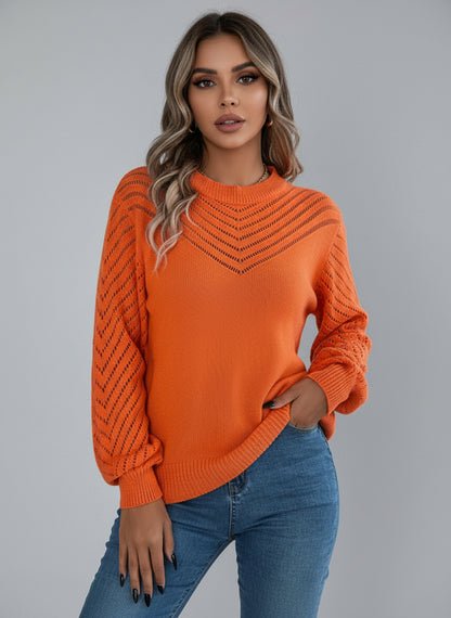 Openwork Round Neck Long Sleeve Knit Top for Women