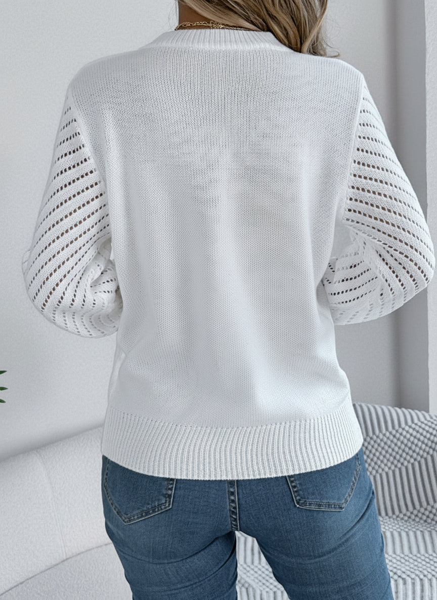 Openwork Round Neck Long Sleeve Knit Top for Women White