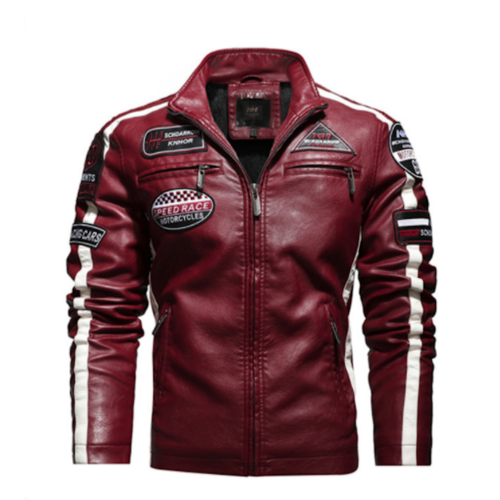 Men's Biker Vegan Leather Jacket With Badges