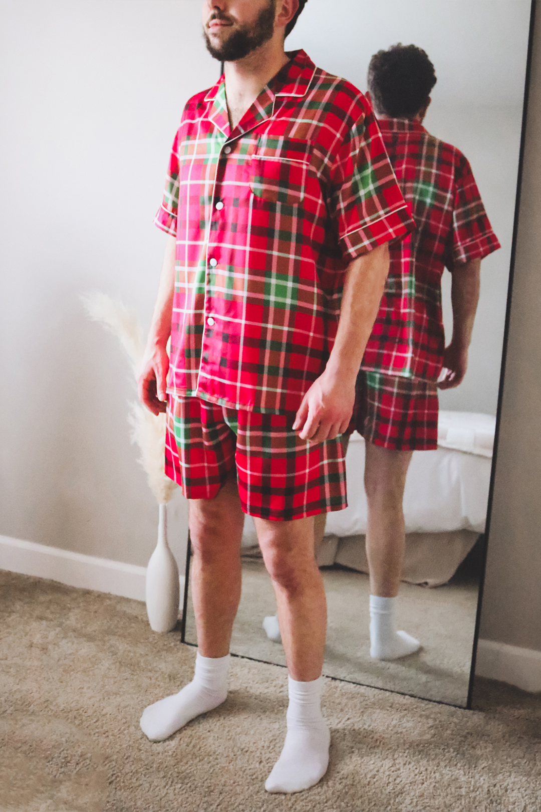 Men's Red Satin Plaid pajamas-1