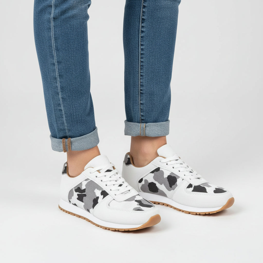 Tied Printed PU Leather Athletic Shoes – Lightweight Flats for Women