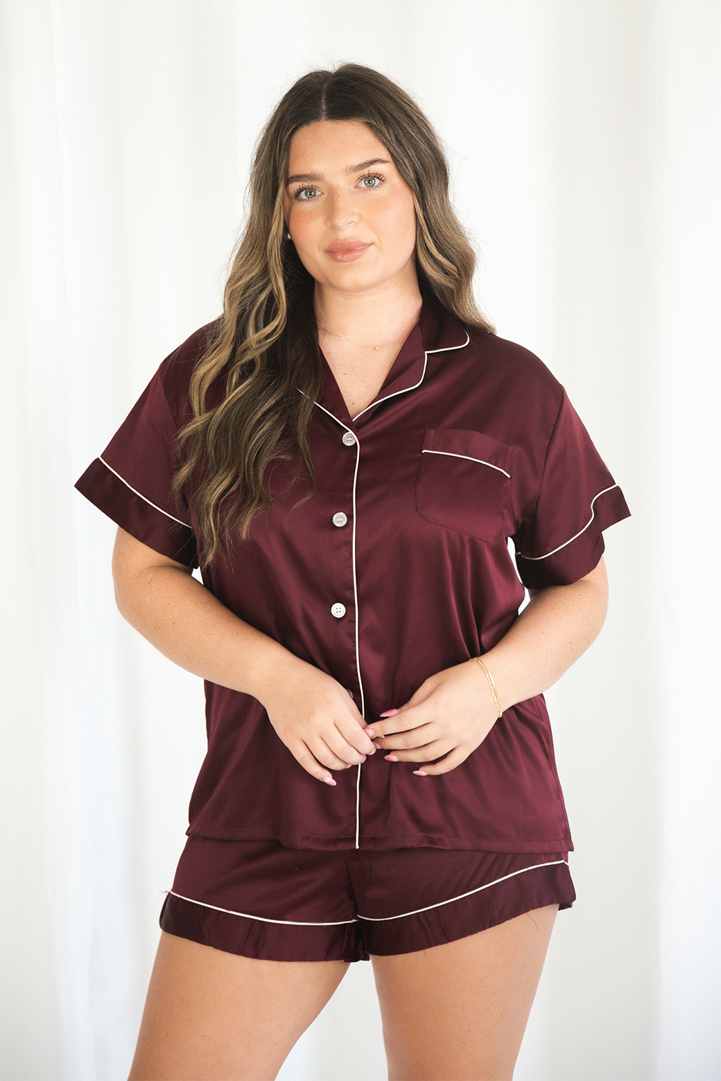 Wine Satin Pajamas Shorts Set-0