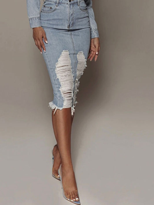 Women’s Distressed Slit Raw Hem Cotton Denim Skirt