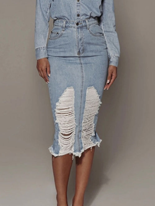 Women’s Distressed Slit Raw Hem Cotton Denim Skirt