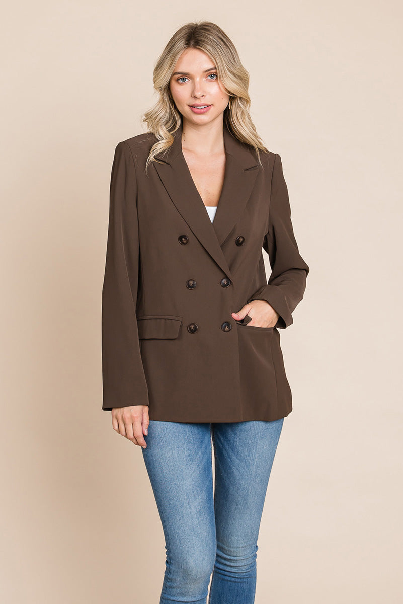 Women’s Double-Breasted Lapel Collar Blazer with Front Pockets